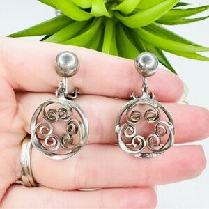 Vintage 40’s Heart Filigree Hoop Post and Dangle Silver Tone Clip On Earrings